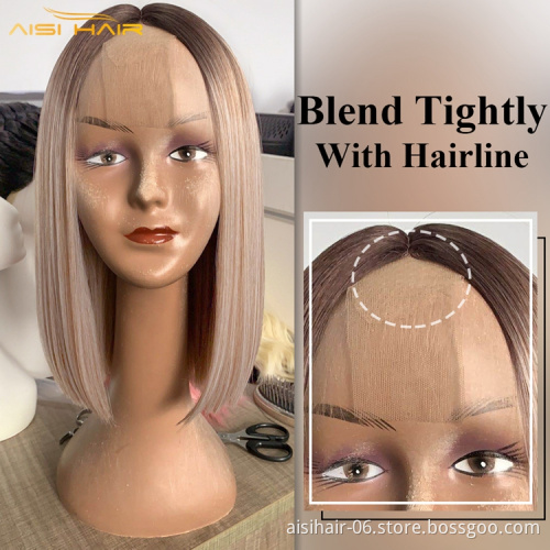 Aisi Hair 14 Inch High Quality Synthetic Highlight Lace Wig Ombre Blonde Lace Front Synthetic Hair Bob Wigs For Black Women